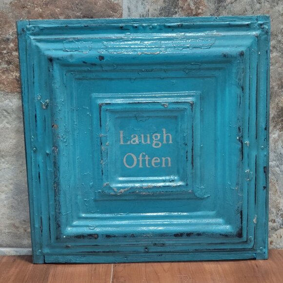 Turquoise Distressed Laugh Often Tin Metal on Wood Frame Hanging Wall Decor - Picture 1 of 11